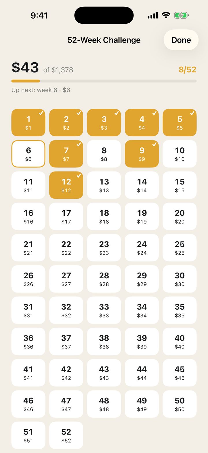 The 52-Week savings challenge board