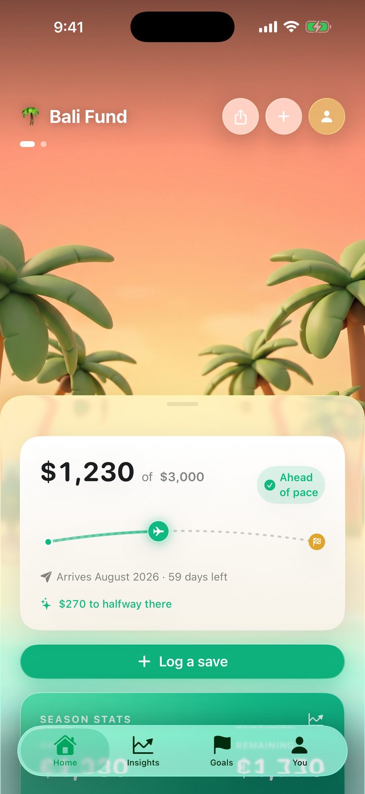 The Tucky home screen — a Bali goal with a live arrival date